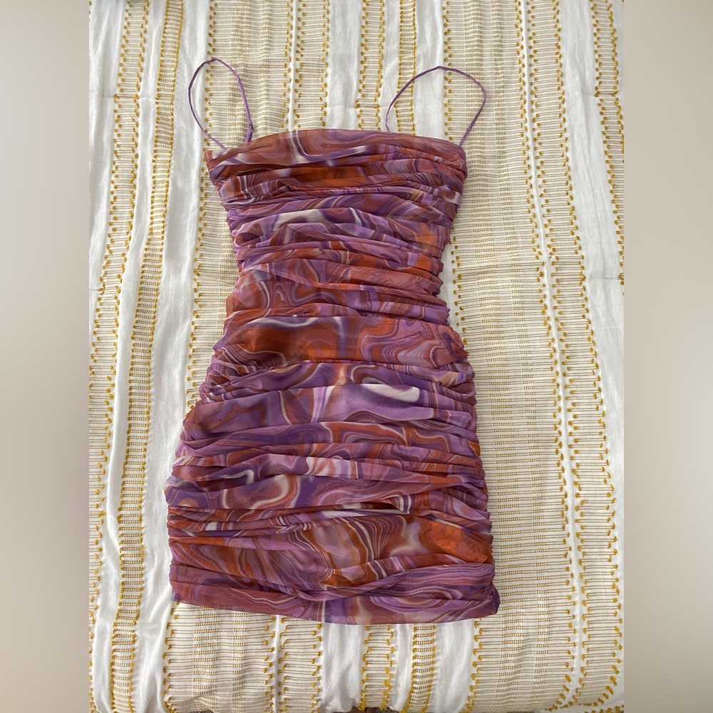 House of CB Ruched Mini Dress in Purple and Rust Swirl